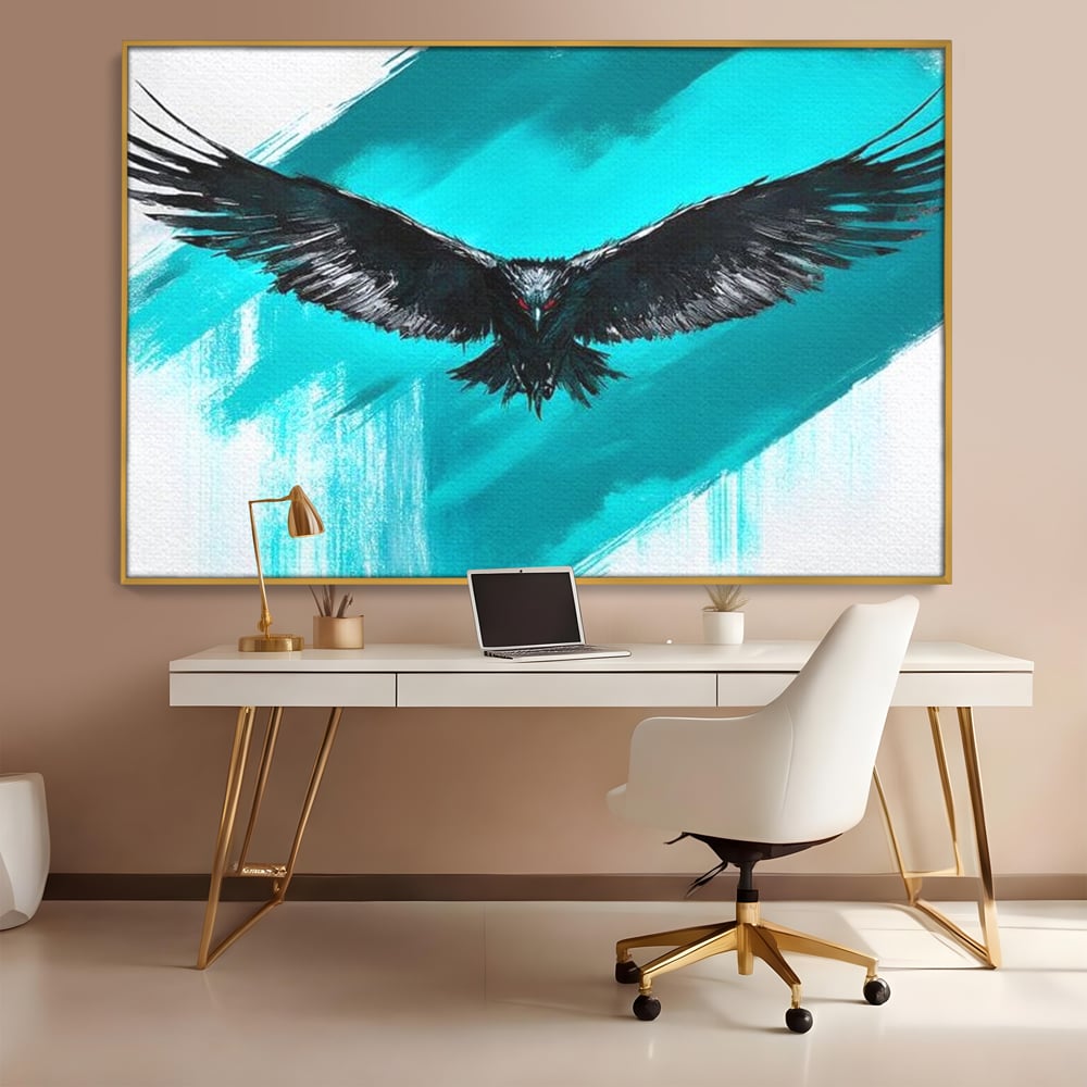 Tablou canvas cu tablou canvas cu vultur in zbor, in rama de aluminiu auriu, pe perete intr-un birou